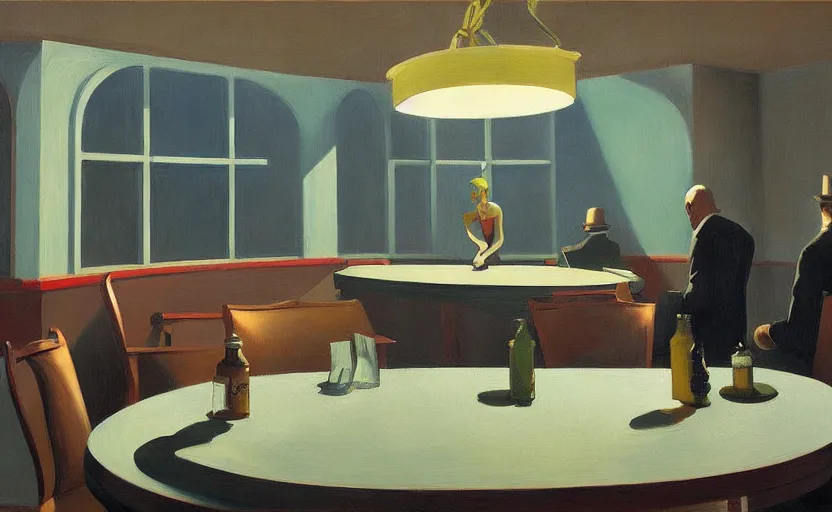 Prompt: Inside mafia room, very coherent, painted by Edward Hopper, painted by James Gilleard, airbrush, art by JamesJean