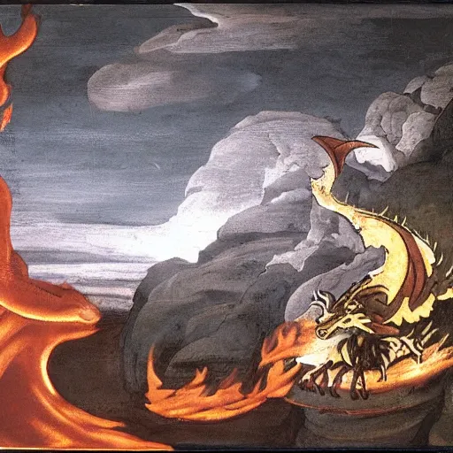 Prompt: Dragon spits fire on a man, burning village in background, plumes of smoke in background, at night, Michelangelo painting, highly-detailed