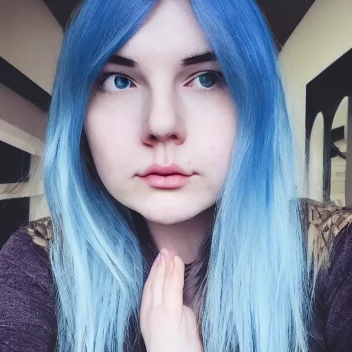 Prompt: a pale girl with blue hair, soft facial features, round face, looking directly at the camera, neutral expression, instagram picture