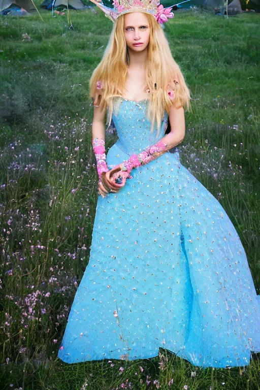 Prompt: a princess with long blonde hair and light blue eyes wearing a strapless elaborately beaded pink dress standing next to a green popup camping tent, high resolution film still, 8k, HDR color, film by Simon Langton and David Frankel, triangular face, very light freckles, round narrow chin, straight jawline, natural lips, high cheekbones, beautiful gazing eyes