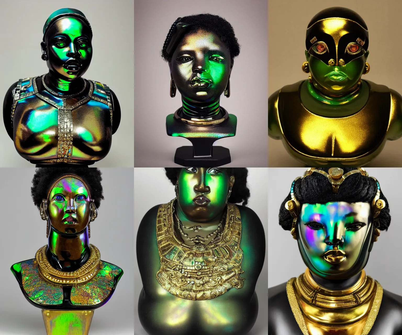 Prompt: intricate slightly iridescent and tanslucent realistic bust of futuristic obese fierce beautiful cyborg astronaut black girl empress, glass and gold and jade, caustics, soft light