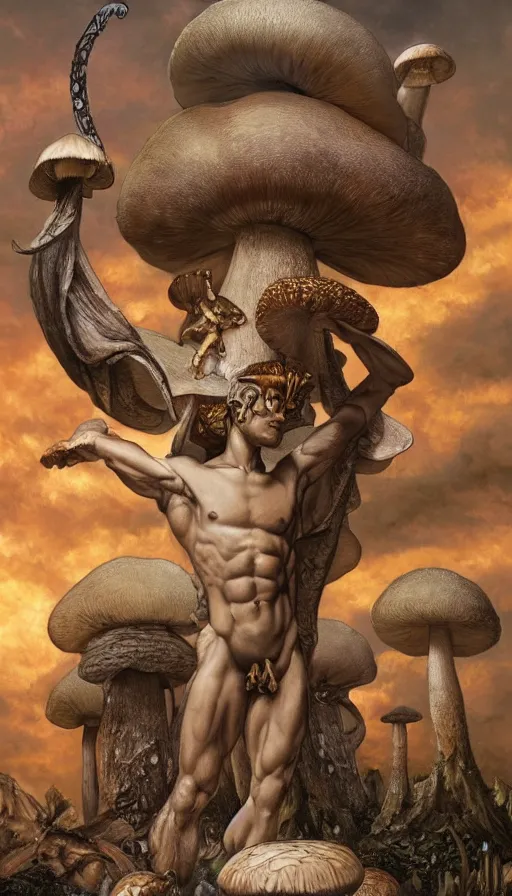 Image similar to a masterpiece hyperdetailed dnd tarot card, magnificent mushroom deity as depicted in a colossal greek marble statue ( with godlike bodybuilder physique ), hd tarot card depicting monumental statue of a mushroom god with cute large mushroom hat, hdr, 8 k, artstationhq, digital art by greg rutkowski and wayne barlowe