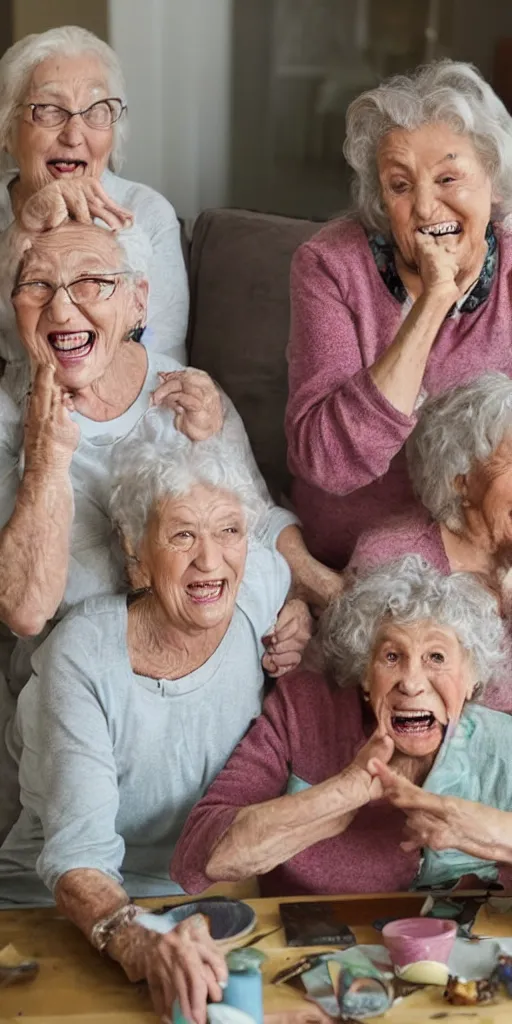 Image similar to laughing grandmas on magic mushrooms in the house