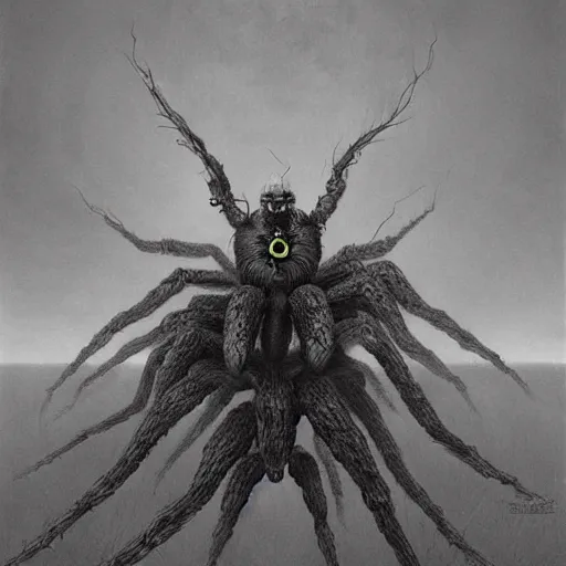 Prompt: huge spider-like creature by Zdzisław Beksiński, caretaker, cosmic horror, darkwave, concept by Alastair Reynolds