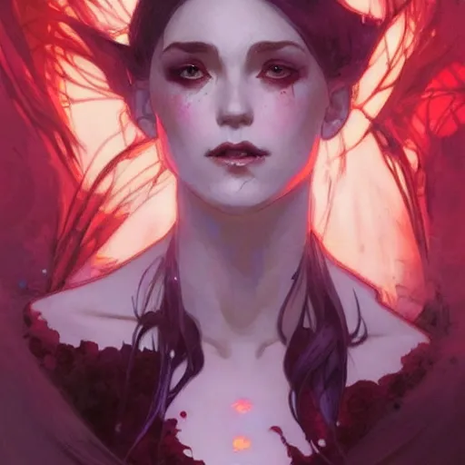 Prompt: digital character concept art by artgerm and greg rutkowski and alphonse mucha. clear portrait of vampire girl, blood dripping, light effect. hyper detailed, glowing lights!! intricate, elegant, digital painting, artstation, smooth, sharp focus