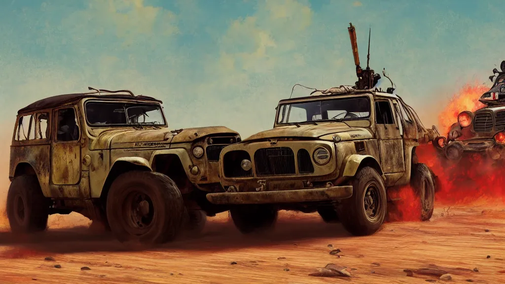 Image similar to illustration of mad max's fj 4 0 pursuit special, the last v 8 interceptor driving down to the gates of valhalla highway, fury road, eternal shiny and chrome, world of fire and blood, by makoto shinkai, ilya kuvshinov, lois van baarle, rossdraws, basquiat, studio ghibli, global illumination ray tracing hdr