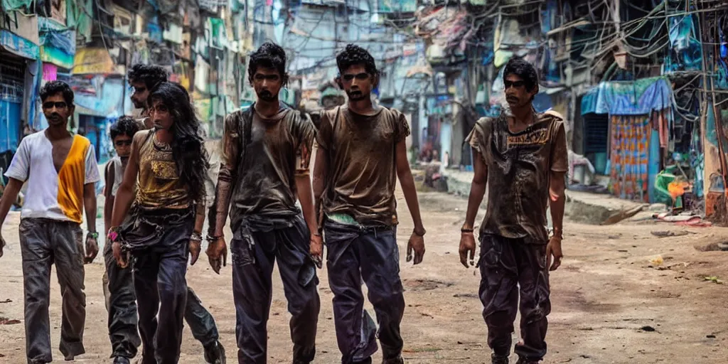 Image similar to sri lankan cyberpunk gang, film still, epic shot cinematography, rule of thirds, colorful, sci - fi tech style