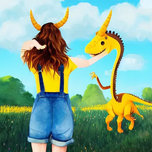 Prompt: “young woman with brown hair, animal ears and short horns, a yellow t-shirt and blue overalls riding a dinosaur in a beautiful field, lo-fi digital art, beautiful composition, trending on artstation and deviantart, masterpiece”