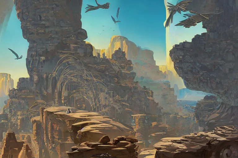 Prompt: an architectural painting of birds flying above the ruins of an archaic city of ancient persia looming above a canyon by syd mead and peter mohrbacher and james gilleard in the style of hugh ferriss