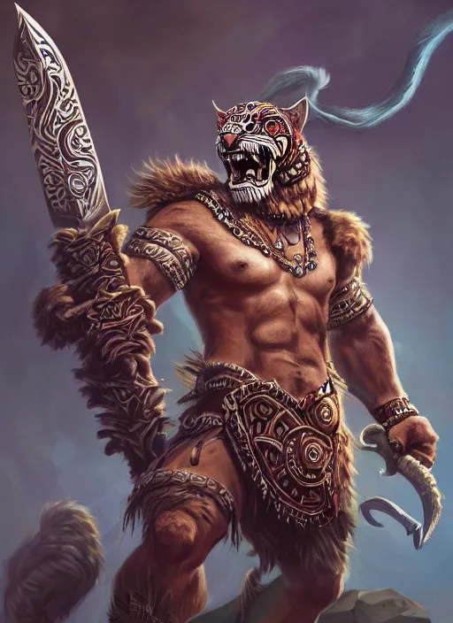 Prompt: a highly detailed illustration of fierce aztec jaguar warrior wearing white jaguar mane, heroic roaring wielding aztec sword pose, intricate, elegant, highly detailed, centered, digital painting, artstation, concept art, smooth, sharp focus, league of legends concept art, wlop