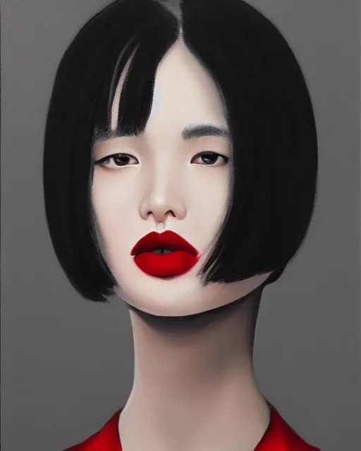 Image similar to a woman with black hair and a red lipstick, a photorealistic painting by wang duo, featured on cg society, photorealism, behance hd, ultrafine detail, high detail