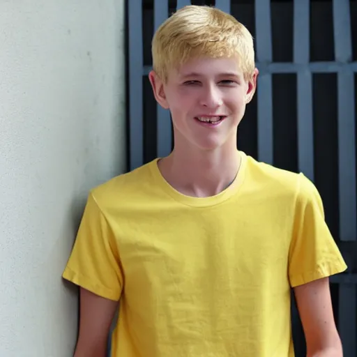 Prompt: a skinny pale teenage boy wearing a yellow t-shirt with fluffy blonde hair