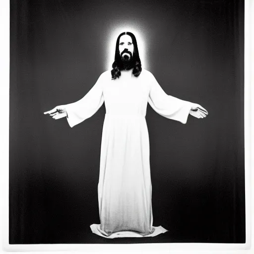 Image similar to photo of Jesus Christ by Diane Arbus, black and white, high contrast, Rolleiflex, 55mm f/4 lens