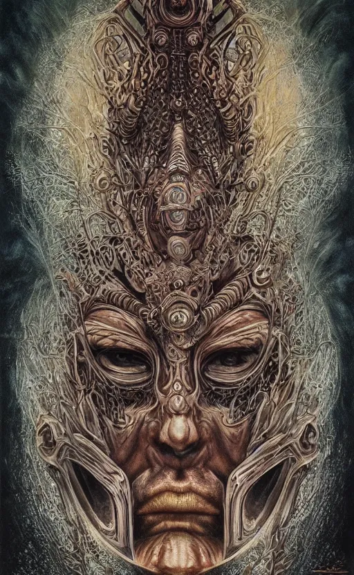 Image similar to Elden Ring themed painting of ancient hybrid majestic aztec shaman fantasy cyber human beautiful symmetrical face angry mask closeup face mask tattoo pattern golden ratio concept, deep forest psytrance Neo-Gothic concept, infinity glyph waves, intricate artwork masterpiece, very coherent artwork, cinematic, full frontal facial features by Artgerm, Takato Yamamoto, Zdizslaw Beksinski, Johnatan Wayshak, Moebius, H.R. Giger, Ayami Kojima, very coherent artwork, trending on cgsociety, ultra high quality model, production quality cinema model, high detail chromatic ink outline, octane render, unreal engine 8k, hyper realism, high detail, octane render, unreal engine, 8k, High contrast