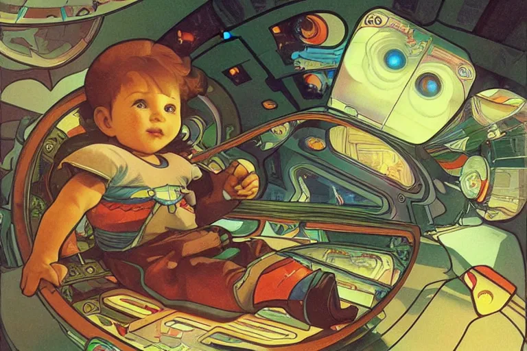 Image similar to a baby in a spaceship, very detailed, smooth render, illustration, art style by shigeru miyamoto and Alphonse Mucha