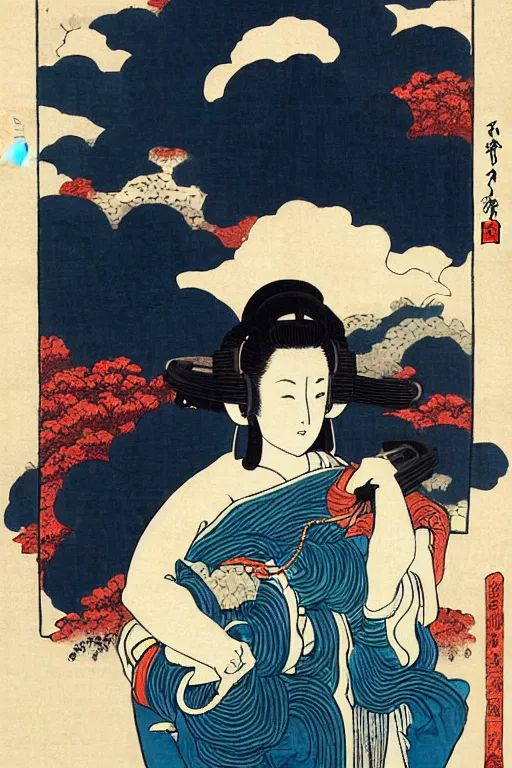 Image similar to godess with headphones, by katsushika hokusai, by ralph steadman, storybook illustration, cool color palette, in a symbolic and meaningful style, space sci - fi of ancient religion