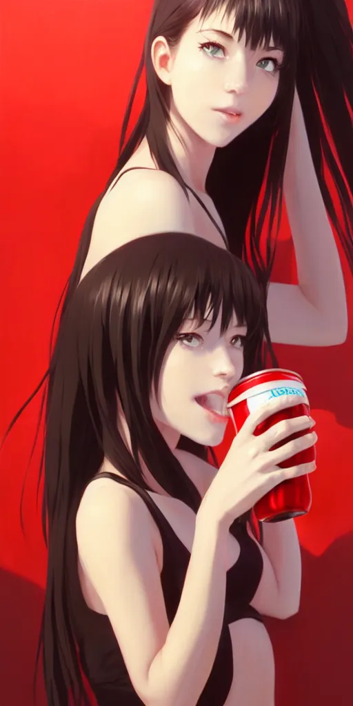 Image similar to full body picture of a girl drinking a coke, highly detailed face, very thirsty, dripping on the body, sharp focus, shiny day beach, extremely beautiful and cute and aesthetic face and body, specular reflection, occlusion shadow, trending on artstation, epic light novel cover art, art by ilya kuvshinov and sakimichan and jeremy lipking