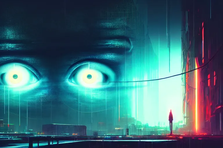 Prompt: portrait of a mystical giant eye, big brother is watching you vibes, mechanic, dystopian, ( ( cyberpunk ) ), intricate, ( ( ( abstract ) ) ), cinematic, glow, neons, octane render, wlop, greg rutkowski, dan mumford, artgerm