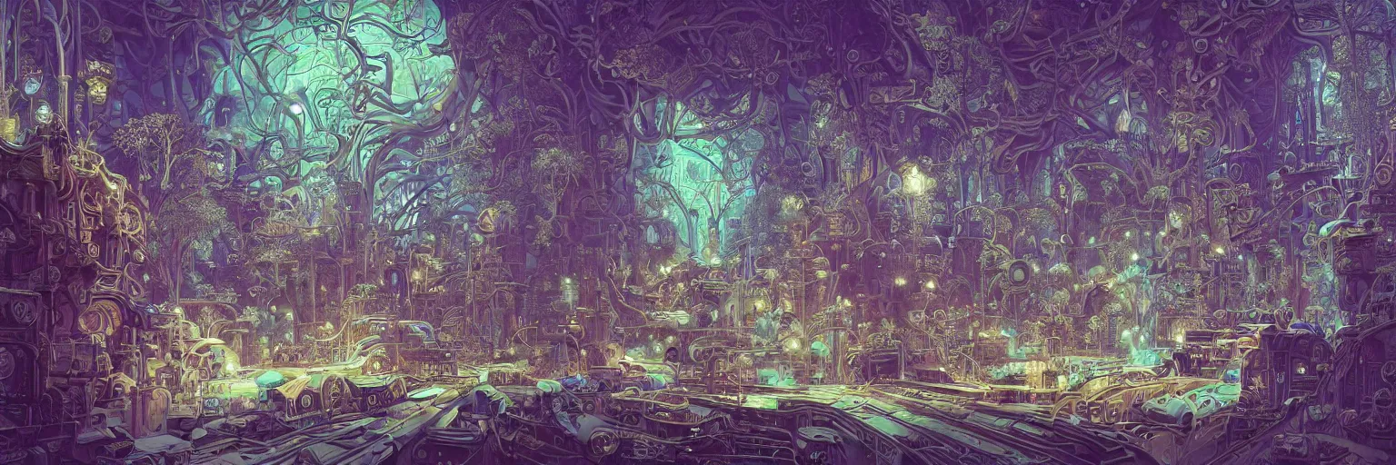 Image similar to Marc Simonetti, Tomer Hanuka, smooth polished metal with detailed line work, Mandelbulb flowers and trees, Exquisite detail, blue neon details, green neon details, white neon details, hyper detailed, intricate illustration, golden ratio, steampunk, mist, neon lights, steampunk desert background, by Tomer Hanuka