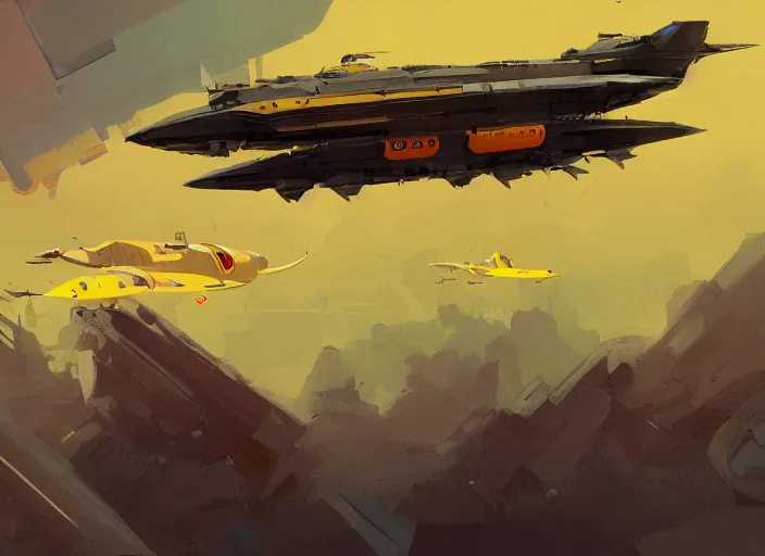 Image similar to a painting of a futuristic yellow submarine plane flying through the sky, red wings, concept art by Ian McQue, cgsociety, highly detailed, artstation, concept art, sci-fi