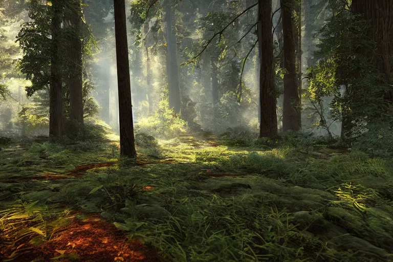 Prompt: A beautiful hyper realistic detailed photo of the inside deep forest with high trees, bushes of blueberry, dynamic lighting, cinematic lighting, lit by morning light, unreal engine, featured on artstation