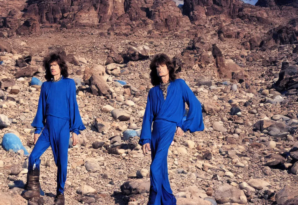 Image similar to mick jagger dressed in blue costume with jewels in a dry rocky desert landscape with ultradetailed alien complex city designed by giger and giant alien spaceship in the background, by christopher doyle and alejandro jodorowsky and giger, anamorphic lens, kodakchrome, cinematic composition, masterpiece, 8 k