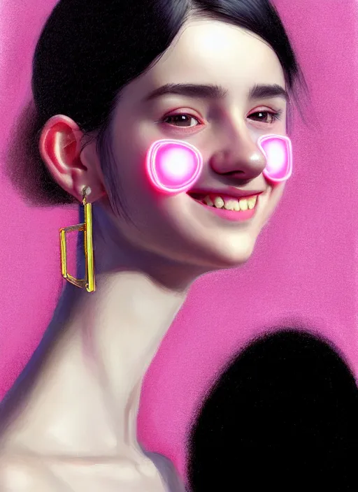 Image similar to portrait of teenage girl, narrow face, black hair, bangs, half updo hairstyle, skinny, big nose, smile, unattractive, defined jawline, big chin, wearing pink hair bow, earrings, intricate, elegant, glowing lights, highly detailed, digital painting, artstation, sharp focus, illustration, art by wlop, mars ravelo and greg rutkowski