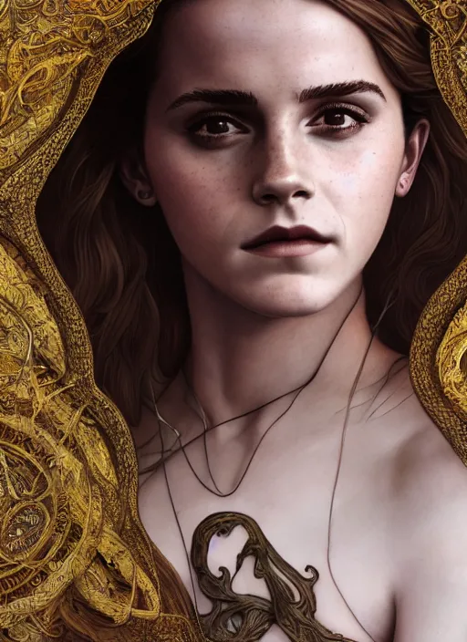 Image similar to Emma Watson as Driada, detailed photograph intricate insanely detailed octane render, 8k artistic photography, photorealistic, full body shot, cute, fantasy, intricate, elegant, highly detailed, digital painting, 4k, HDR, concept art, smooth, sharp focus, illustration, art by alphonse mucha,artgerm, H R Giger