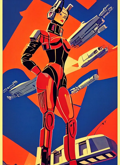 Image similar to soviet propaganda poster art. powerful cyberpunk pilot. portrait by jean giraud and anton otto fischer and john philip falter and will eisner and gil elvgren and pixar. full body. realistic proportions. science fiction d & d. overwatch, rb 6 s, cyberpunk 2 0 7 7, blade runner 2 0 4 9. cel shading. thick lines.