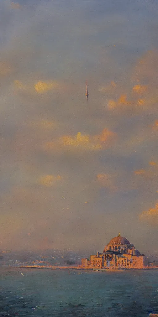 Prompt: Fantasy version of the city of Istanbul on a clear day, tonalism style, trending on Artstation, 8k, 4k, high-res, digital art
