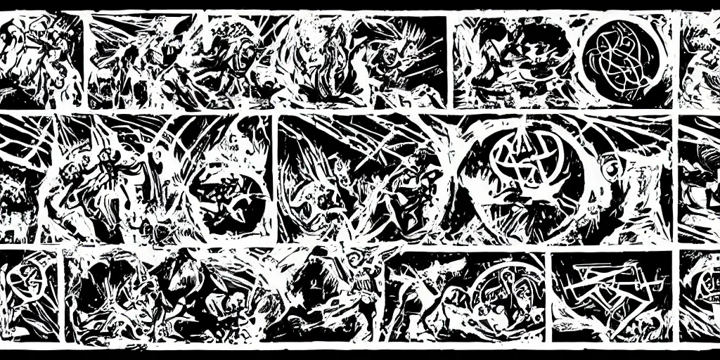 Image similar to duotone olive comic panel illustrations of ancient catacombs dark fantasy sigils runes magic wizard fighting a _ golem compositi