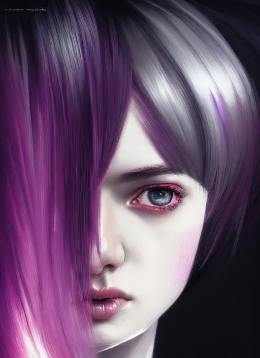 Image similar to portrait of teenage girl, red irises, bangs, black and white hair, white bangs, purple clothes, white bangs, two color hair, black hair and white bangs, intricate, elegant, glowing lights, highly detailed, digital painting, artstation, concept art, smooth, sharp focus, illustration, art by wlop, mars ravelo and greg rutkowski