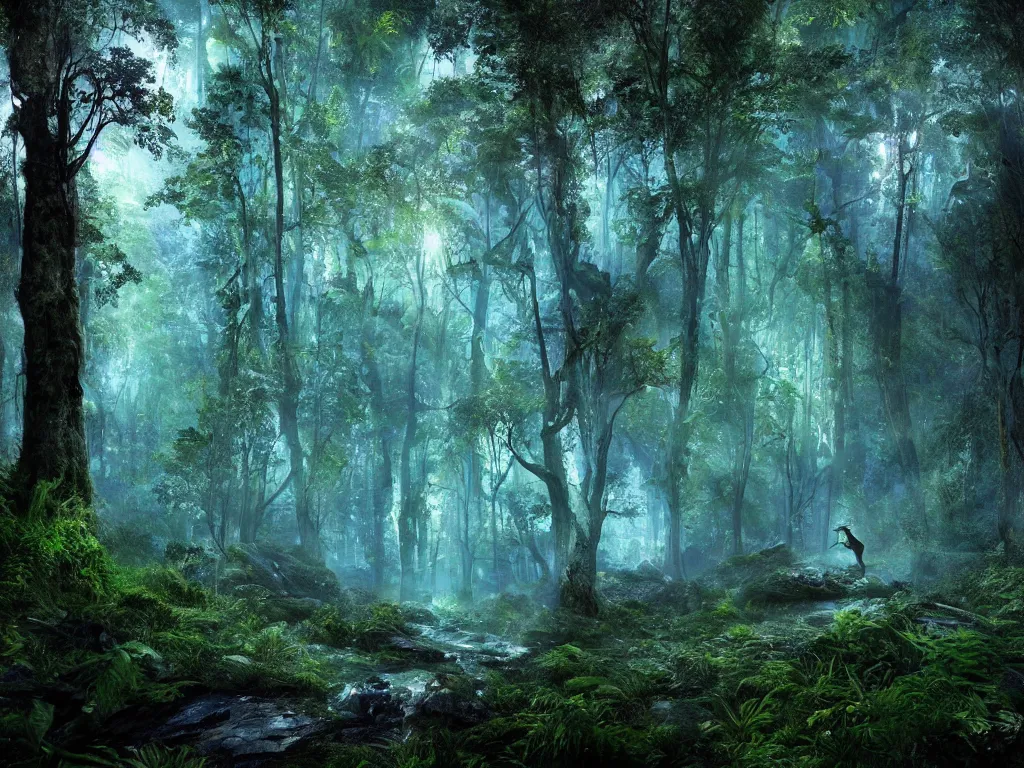 Image similar to a fantasy beautiful dense biorelevant overgrown rainforest setting, ultrawide angle, a large blue glowing bioluminescent elk herd with light illuminating from within, cinematic lighting, extremely emotional, extremely dramatic, surround it with pixie dust ether floating in the air, hdr, epic scale, cmyk, deep spectrum color