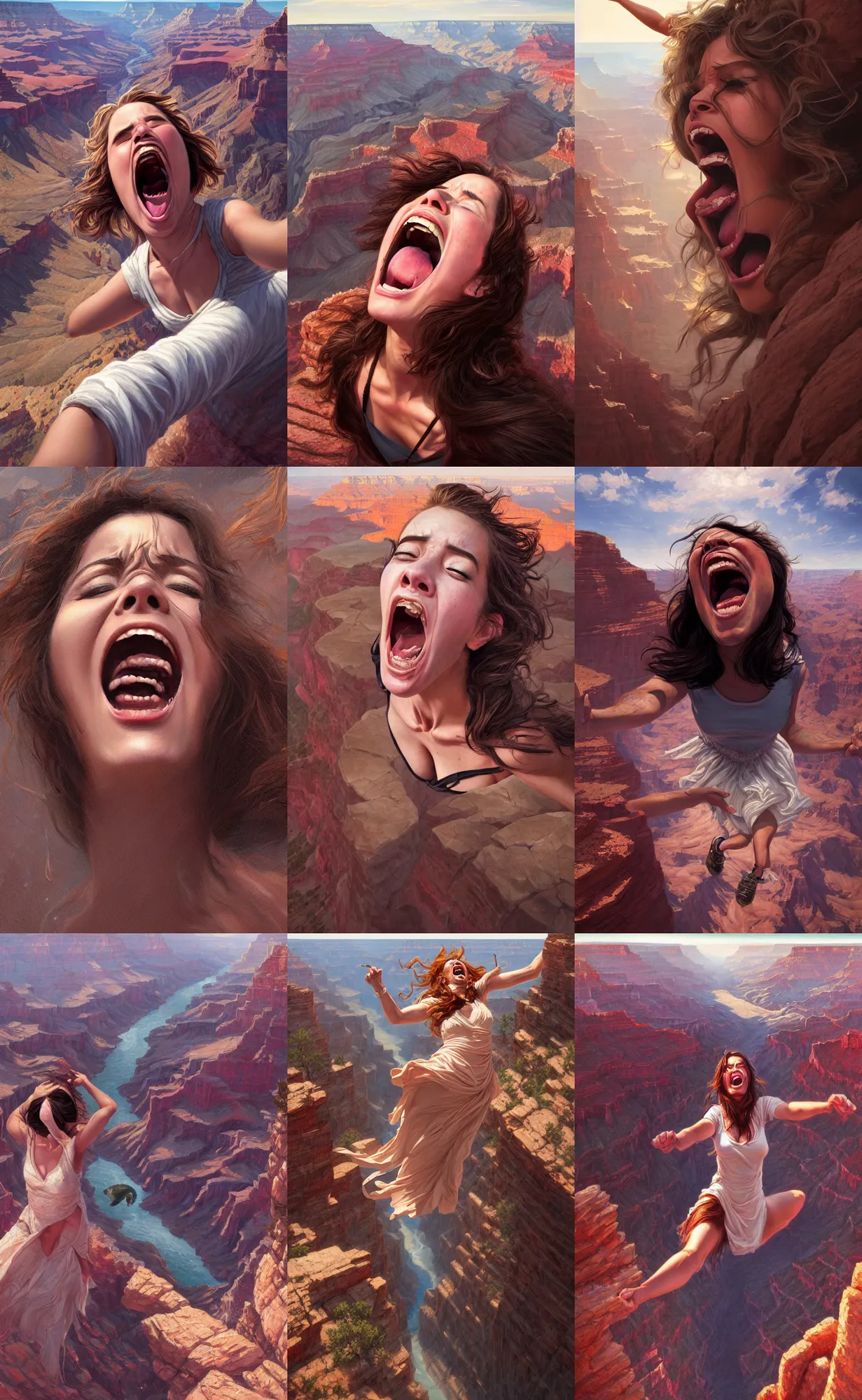 Prompt: high angle selfie of a screaming woman taken at the rim of the grand canyon, digital painting, intricately detailed, highly detailed, artwork by greg rutkowski, artwork by ross tran, artwork by randy vargas, artwork by artgerm, artwork by alex garner, trending on artstation