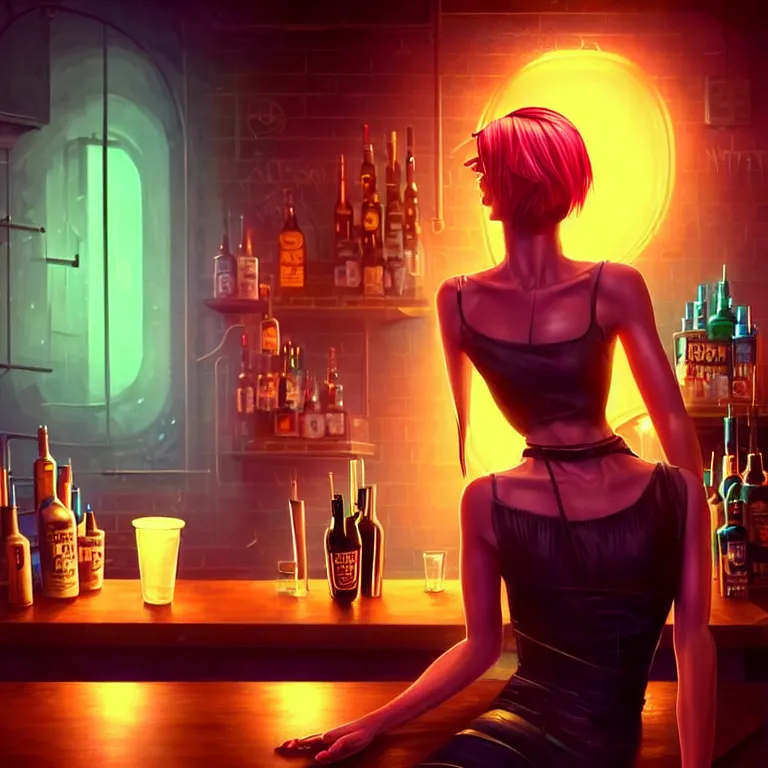 Prompt: a young sophisticated beautiful barmaid, dimly lit industrial grunge cyberpunk dive bar, dystopian retrofuturistic 1980s neon vibe, relaxed pose, sitting at the bar, pixie cut with shaved side hair, wild, highly detailed, digital painting, artstation, sharp focus, illustration, detailed painterly digital art style by Noah Bradley + perfect facial symmetry + dim volumetric lighting, vibrant deep colors, 🍸, 8k octane beautifully detailed render, post-processing, extremely hyperdetailed, epic composition, grim yet sparkling atmosphere, cinematic lighting + masterpiece, Art Nouveau, unreal engine, hyperrealistic