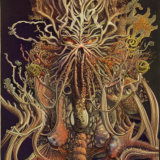 Prompt: Artwork by Ernst Haeckel of The Chitine King Hian the Demigod, master of Ice, and their hateful haunting of steam mephits and horrifying balors, who plan to take revenge on the party for a perceived wrong done to them long ago.