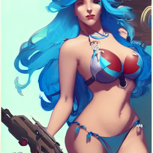 Image similar to beautiful girl with blue hair wearing a bikini, symmetrical face, character concept, character concept art, by Peter Mohrbacher and Alphonse Mucha, overwatch, weapon, detailed, style, 8k, trending on artstation, unreal