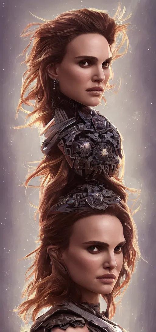 Image similar to symmetry!! portrait of natalie portman in the style of horizon zero dawn, machine face, intricate, elegant, highly detailed, digital painting, artstation, concept art, smooth, sharp focus, illustration, art by artgerm and greg rutkowski and alphonse mucha, 8 k