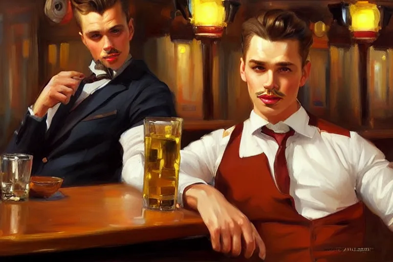 Image similar to attractive man sitting in a bar, painting by vladimir volegov, j. c. leyendecker, tom of finland, trending on artstation