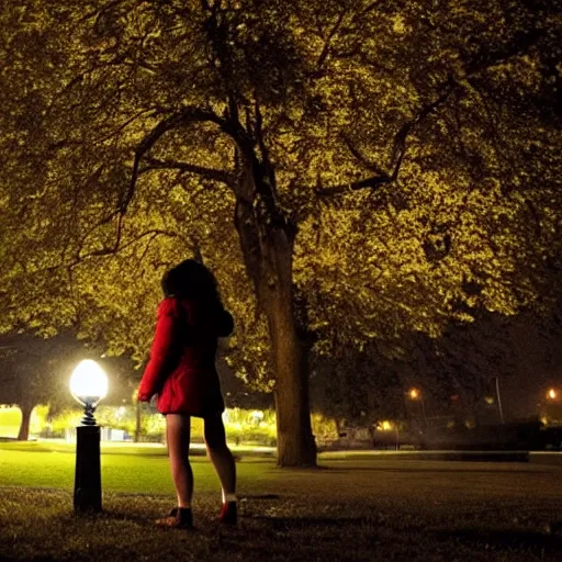 Image similar to a girl reading a book, city park, street lighting, by Emmanuel Lubezki