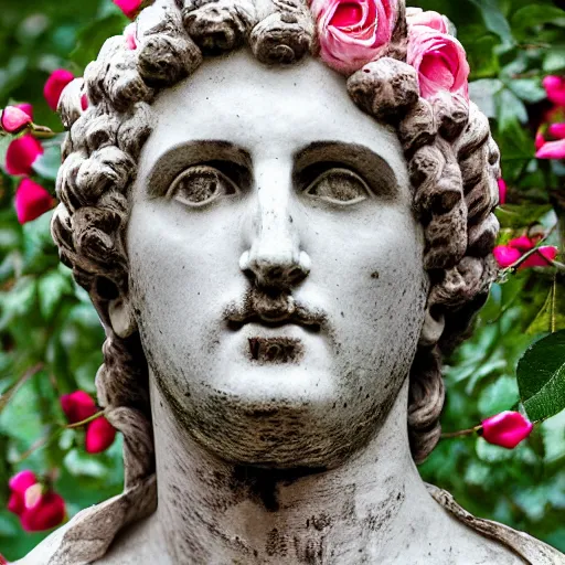 Image similar to portrait of a greek statue covered in roses, by julia pott