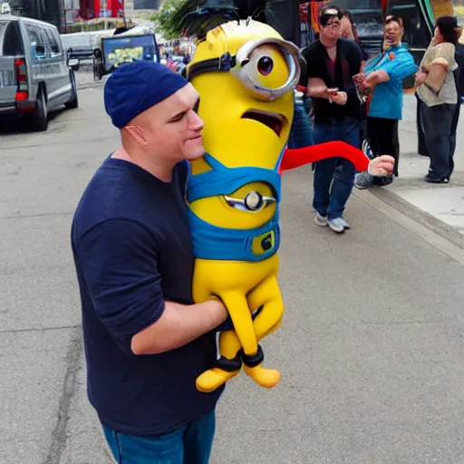 Image similar to subway jared luring minion with a banana