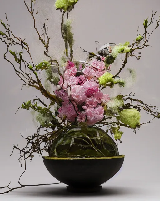 Image similar to lush and detailed, highly beautiful aesthetic award-winning ikebana flower arrangement, blossoms spontaneously shattering and breaking with powder, spray and colored smoke, sigma 35mm f/4