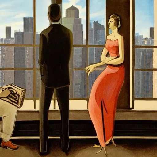 Prompt: painting of a rich man and woman sitting on the balcony of an apartment building in nyc watching the people below as they run away from zombies