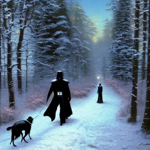 Prompt: Darth Vader walking his dog through a snowy forest, Thomas Kinkade painting