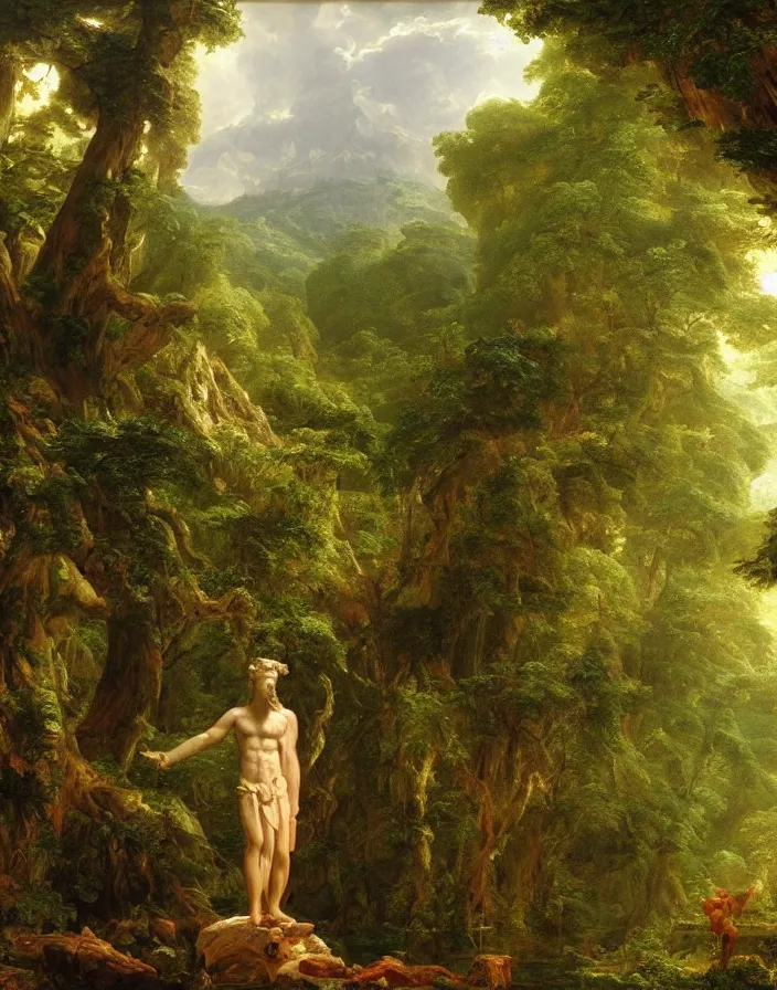 Prompt: an ancient greek statue lost in a gigantic forest by thomas cole, painting, cinematography, epic lighting,