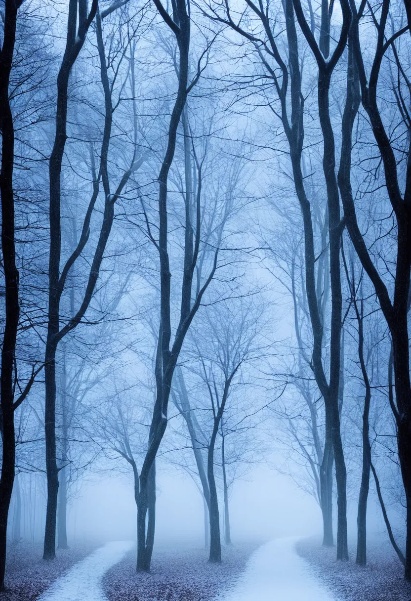 Prompt: eerie photo of a backlit path in the middle of a frozen winter morning spooky forest, treelined, fog, award winning photography, mystical, ultra high definition, ultra detailed,