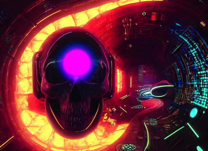 Image similar to a futuristic skull with glowing eyes and a wormhole tunnel, cyberpunk art by gustav klimt, behance contest winner, computer art, darksynth, synthwave, rendered in cinema 4 d