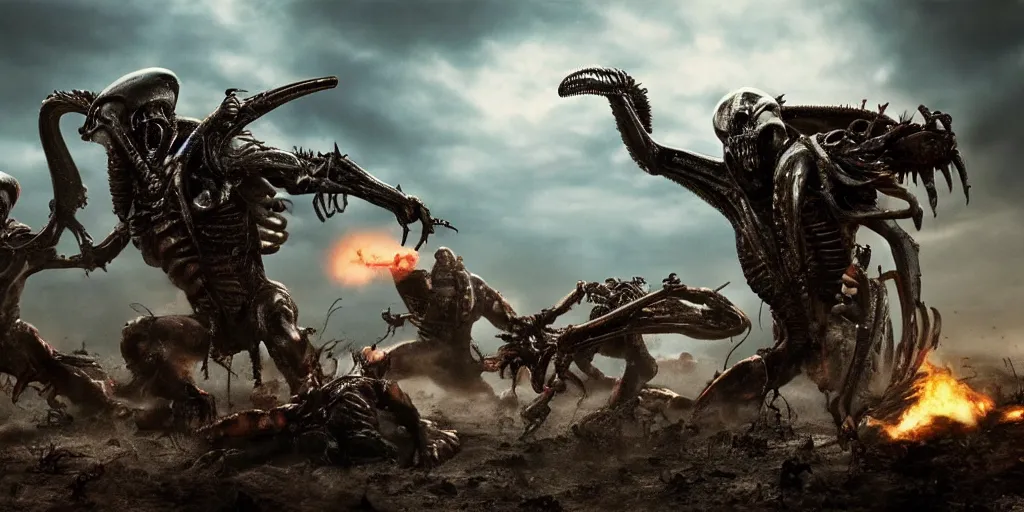 Image similar to epic battle scene Alien versus Predator, the last stand, Epic Background, highly detailed, sharp focus, 8k, 35mm, cinematic lighting