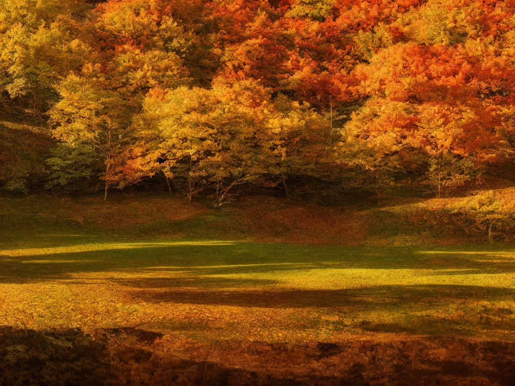 Image similar to a beautiful serene natural landscape during autumn on a fine day, photorealistic, hyperdetailed, studio lighting, octane render, caustics